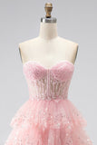 Sparkly Pink Tiered Ruffled Sequins Tulle Sheer Corset A-Line Strapless Long Prom Dress with Beading