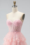 Sparkly Pink Tiered Ruffled Sequins Tulle Sheer Corset A-Line Strapless Long Prom Dress with Beading