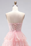 Sparkly Pink Tiered Ruffled Sequins Tulle Sheer Corset A-Line Strapless Long Prom Dress with Beading