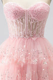 Sparkly Pink Tiered Ruffled Sequins Tulle Sheer Corset A-Line Strapless Long Prom Dress with Beading