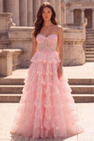 Sparkly Pink Tiered Ruffled Sequins Tulle Sheer Corset A-Line Strapless Long Prom Dress with Beading