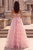 Sparkly Pink Tiered Ruffled Sequins Tulle Sheer Corset A-Line Strapless Long Prom Dress with Beading
