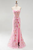 Pink Corset Mermaid Sequins Beaded Strapless Long Prom Dress with Slit