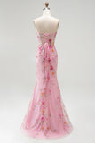 Pink Corset Mermaid Sequins Beaded Strapless Long Prom Dress with Slit