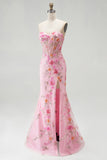 Pink Corset Mermaid Sequins Beaded Strapless Long Prom Dress with Slit