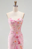 Pink Corset Mermaid Sequins Beaded Strapless Long Prom Dress with Slit