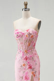 Pink Corset Mermaid Sequins Beaded Strapless Long Prom Dress with Slit