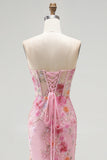 Pink Corset Mermaid Sequins Beaded Strapless Long Prom Dress with Slit