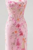 Pink Corset Mermaid Sequins Beaded Strapless Long Prom Dress with Slit