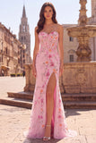 Pink Corset Mermaid Sequins Beaded Strapless Long Prom Dress with Slit