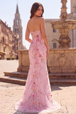 Pink Corset Mermaid Sequins Beaded Strapless Long Prom Dress with Slit