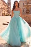 Mint Corset Pearls Strapless A-Line Tulle Satin Long Prom Dress