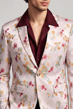Floral Pinkish White Notched Lapel One Button Men's Prom Blazer