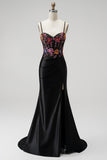 Black Mermaid Corset Sequins Embroidery Satin Spaghetti Straps Long Prom Dress with Slit