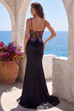 Black Mermaid Corset Sequins Embroidery Satin Spaghetti Straps Long Prom Dress with Slit