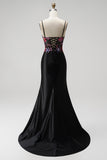 Black Mermaid Corset Sequins Embroidery Satin Spaghetti Straps Long Prom Dress with Slit
