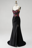 Black Mermaid Corset Sequins Embroidery Satin Spaghetti Straps Long Prom Dress with Slit