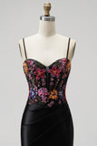 Black Mermaid Corset Sequins Embroidery Satin Spaghetti Straps Long Prom Dress with Slit