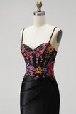 Black Mermaid Corset Sequins Embroidery Satin Spaghetti Straps Long Prom Dress with Slit