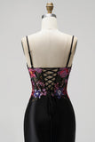 Black Mermaid Corset Sequins Embroidery Satin Spaghetti Straps Long Prom Dress with Slit