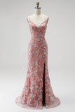 Dusty Rose Mermaid V-Neck Beaded Sequins Appliques Long Prom Dress with Slit
