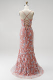 Dusty Rose Mermaid V-Neck Beaded Sequins Appliques Long Prom Dress with Slit