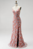 Dusty Rose Mermaid V-Neck Beaded Sequins Appliques Long Prom Dress with Slit