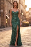 Sparkly Dark Green Mermaid Sequins Spaghetti Straps Long Prom Dress with Slit