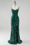 Sparkly Dark Green Mermaid Sequins Spaghetti Straps Long Prom Dress with Slit