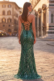 Sparkly Dark Green Mermaid Sequins Spaghetti Straps Long Prom Dress with Slit