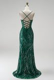 Sparkly Dark Green Mermaid Sequins Spaghetti Straps Long Prom Dress with Slit