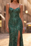 Sparkly Dark Green Mermaid Sequins Spaghetti Straps Long Prom Dress with Slit