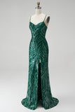 Sparkly Dark Green Mermaid Sequins Spaghetti Straps Long Prom Dress with Slit