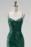 Sparkly Dark Green Mermaid Sequins Spaghetti Straps Long Prom Dress with Slit