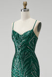 Sparkly Dark Green Mermaid Sequins Spaghetti Straps Long Prom Dress with Slit