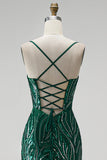 Sparkly Dark Green Mermaid Sequins Spaghetti Straps Long Prom Dress with Slit