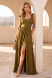 A-Line Olive Scoop Neck Long Wedding Guest Dress with Slit