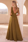 A-Line Olive Scoop Neck Long Wedding Guest Dress with Slit