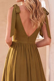 A-Line Olive Scoop Neck Long Wedding Guest Dress with Slit