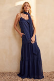 Olive Satin Chiffon Tiered Spaghetti Straps Long Wedding Guest Dress with Pockets
