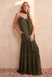 Olive Satin Chiffon Tiered Spaghetti Straps Long Wedding Guest Dress with Pockets