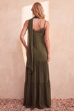 Olive Satin Chiffon Tiered Spaghetti Straps Long Wedding Guest Dress with Pockets