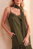 Olive Satin Chiffon Tiered Spaghetti Straps Long Wedding Guest Dress with Pockets