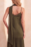 Olive Satin Chiffon Tiered Spaghetti Straps Long Wedding Guest Dress with Pockets