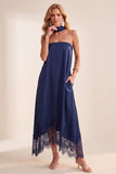 Navy A-Line Satin Strapless Lace Midi Wedding Guest Dress