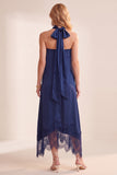 Navy A-Line Satin Strapless Lace Midi Wedding Guest Dress