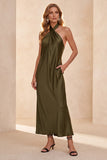 Olive Sheath Halter Satin Long Wedding Guest Dress with Pockets