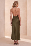 Olive Sheath Halter Satin Long Wedding Guest Dress with Pockets