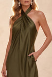 Olive Sheath Halter Satin Long Wedding Guest Dress with Pockets