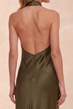 Olive Sheath Halter Satin Long Wedding Guest Dress with Pockets